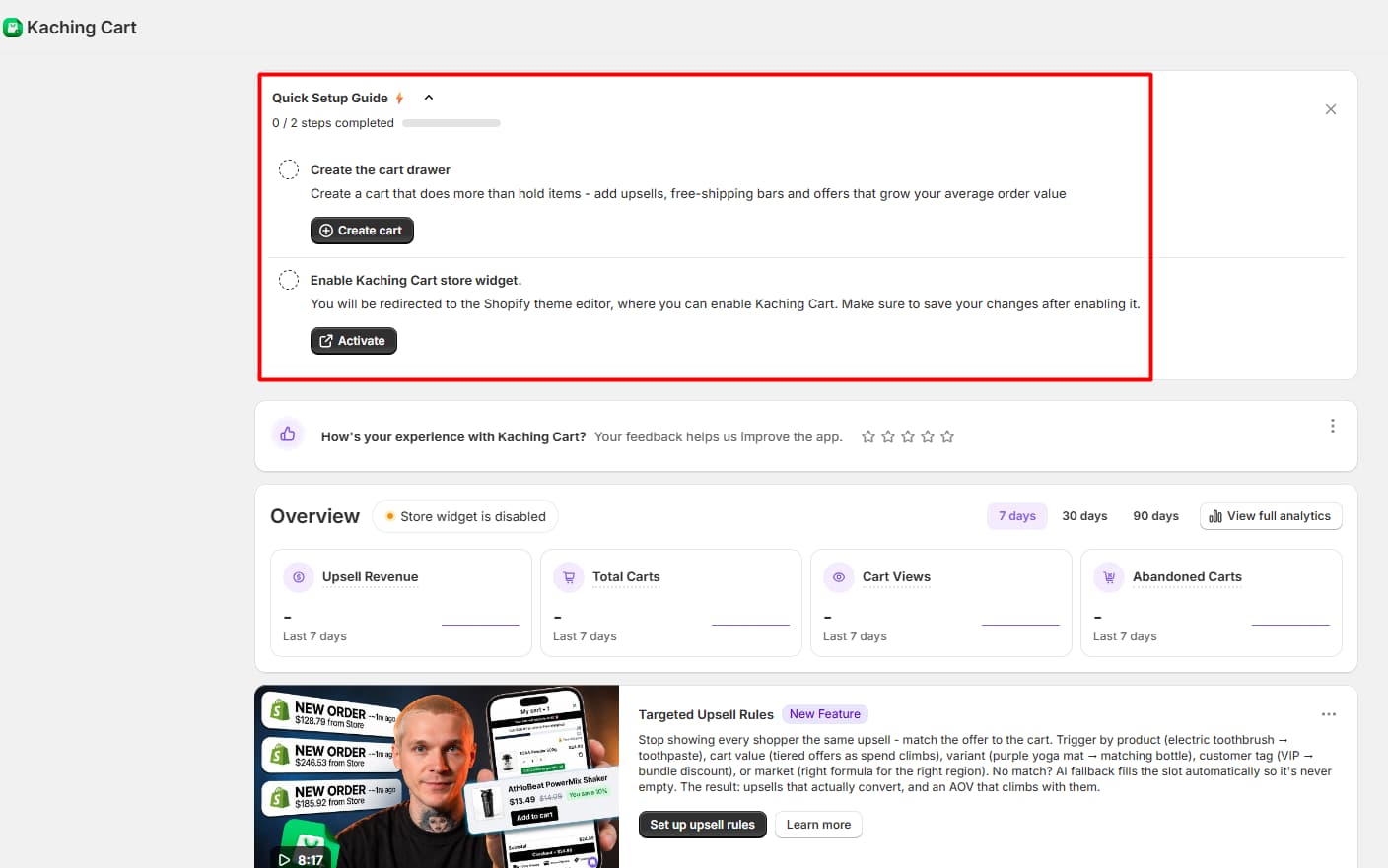 Kaching Cart dashboard showing the quick setup guide and app overview