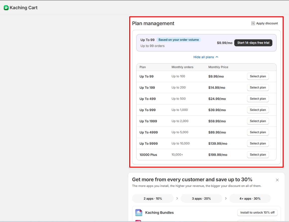 Kaching Cart pricing screen showing order-based monthly plans