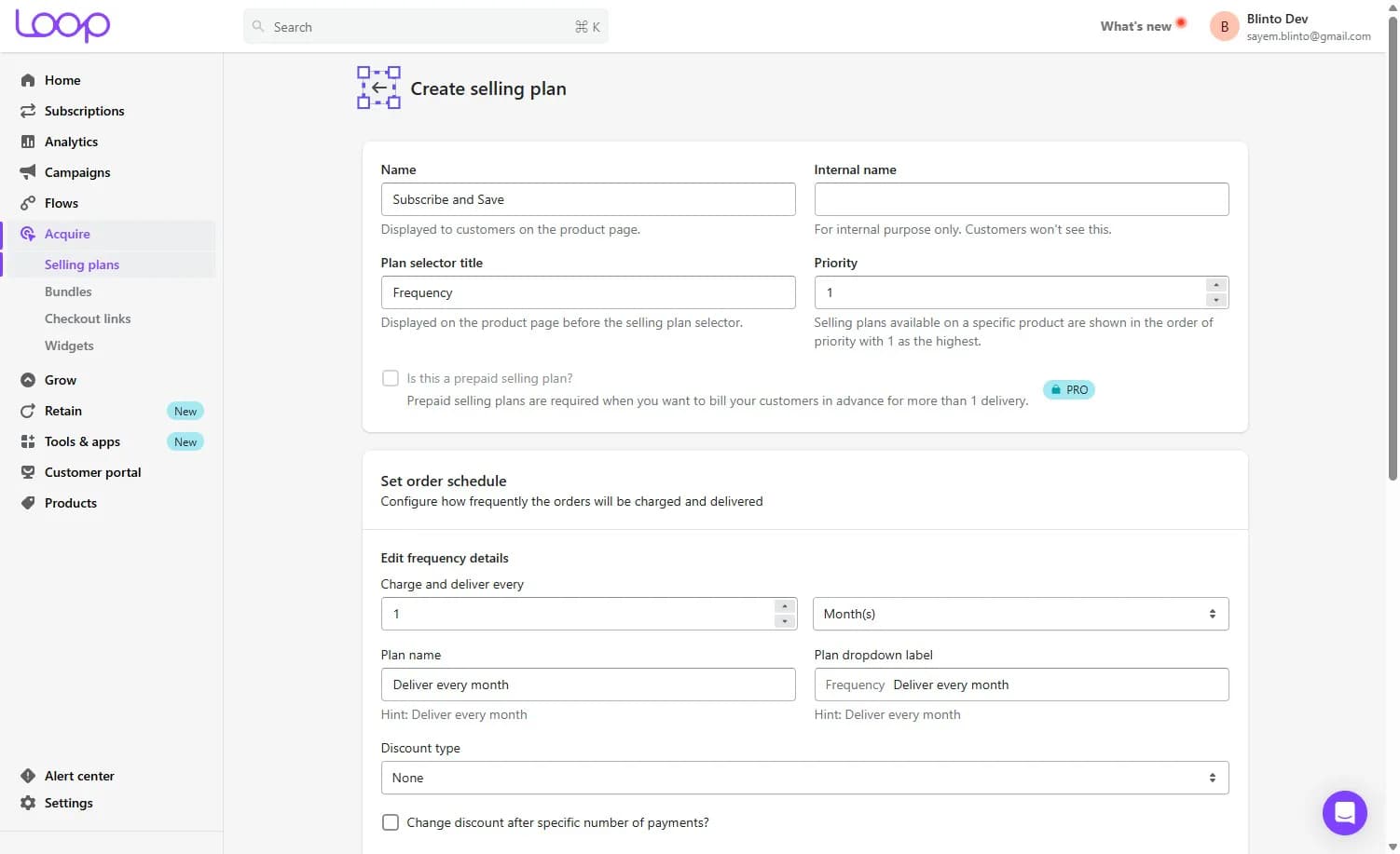 The Loop selling plan form with the plan name, priority, and a monthly charge-and-deliver schedule