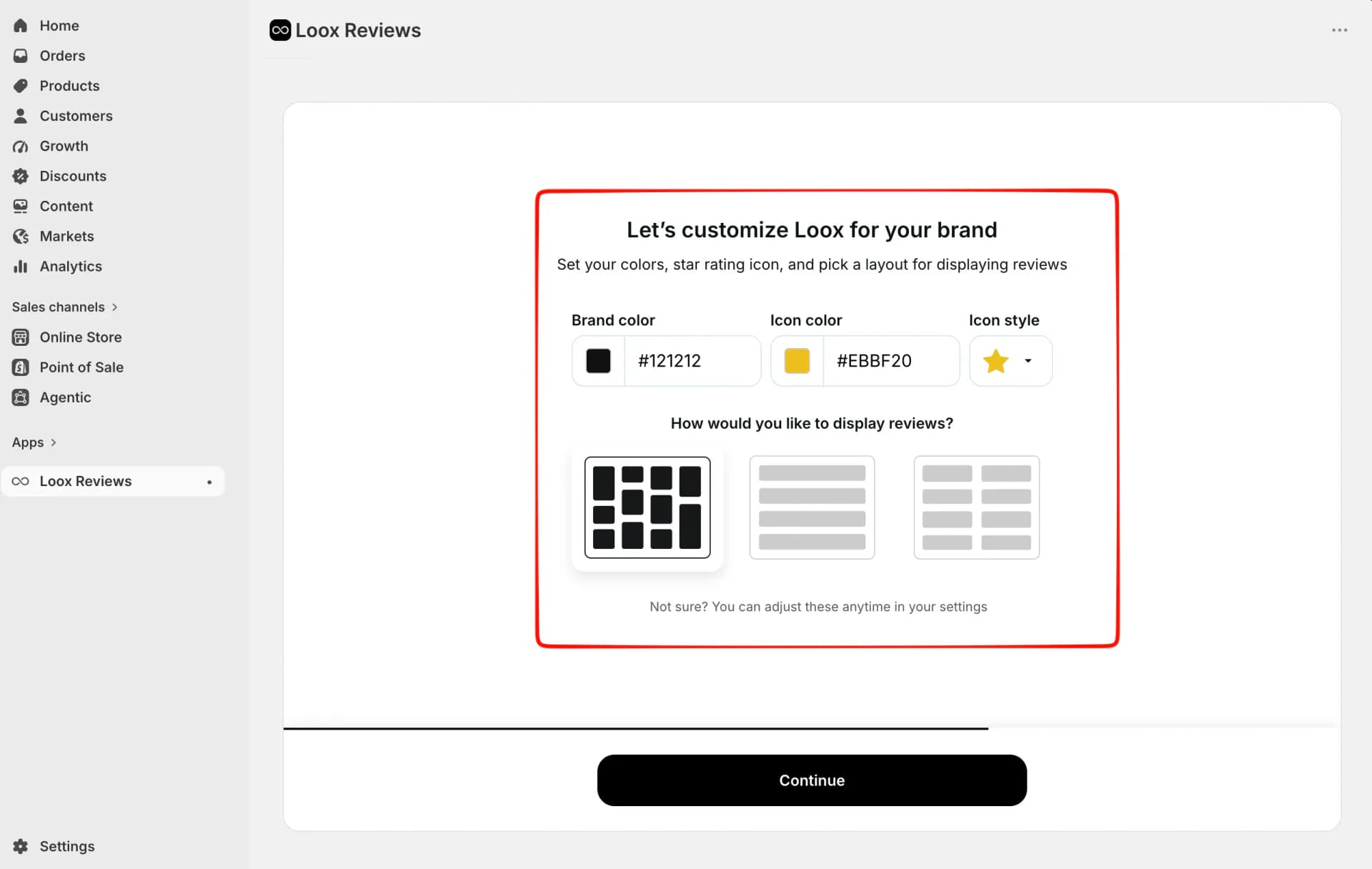 Loox onboarding with brand color, rating-icon color, icon style, and three review-layout choices