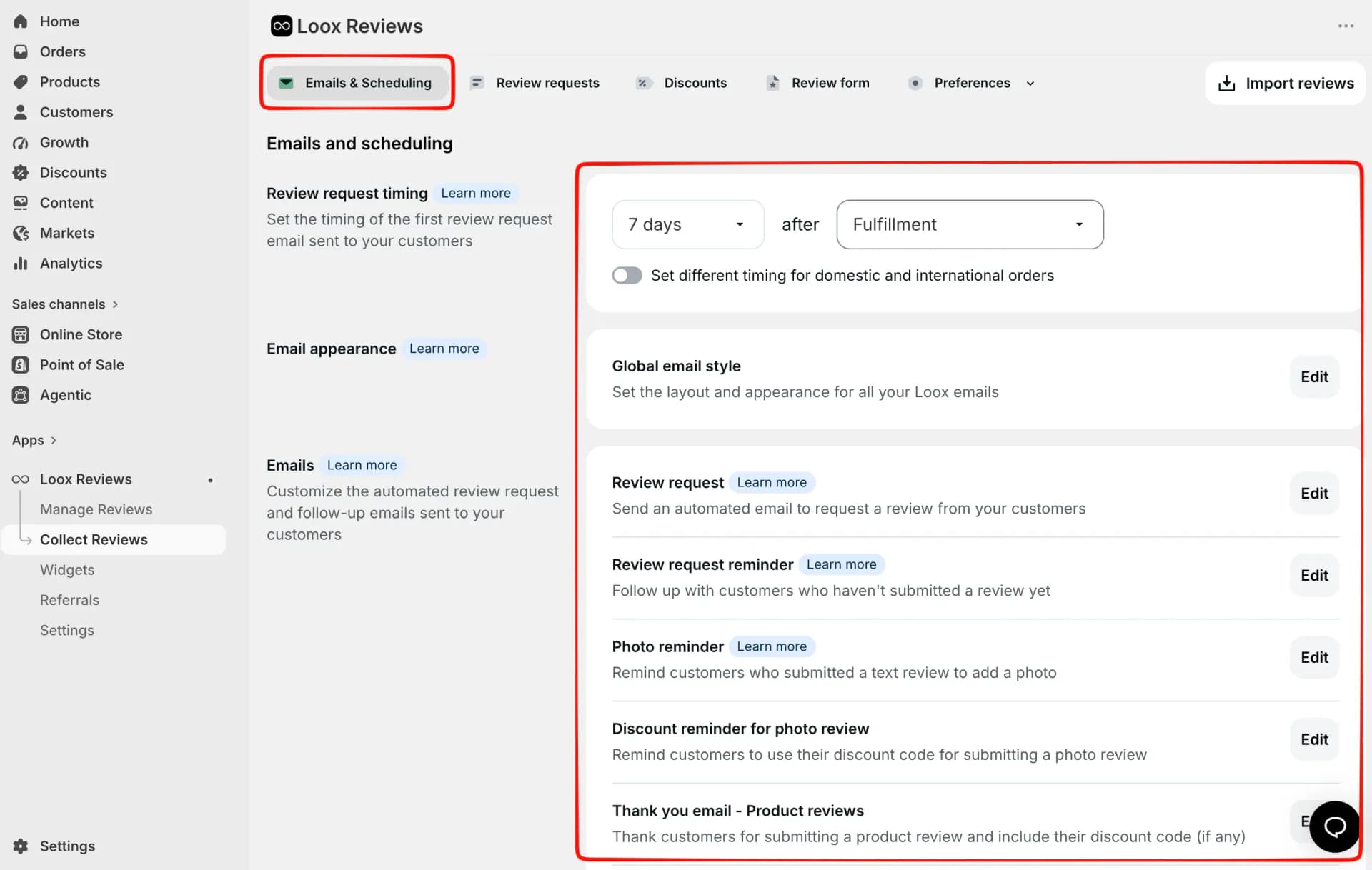 Loox email settings showing a seven-day delay after fulfillment and separate editors for review requests and follow-up emails