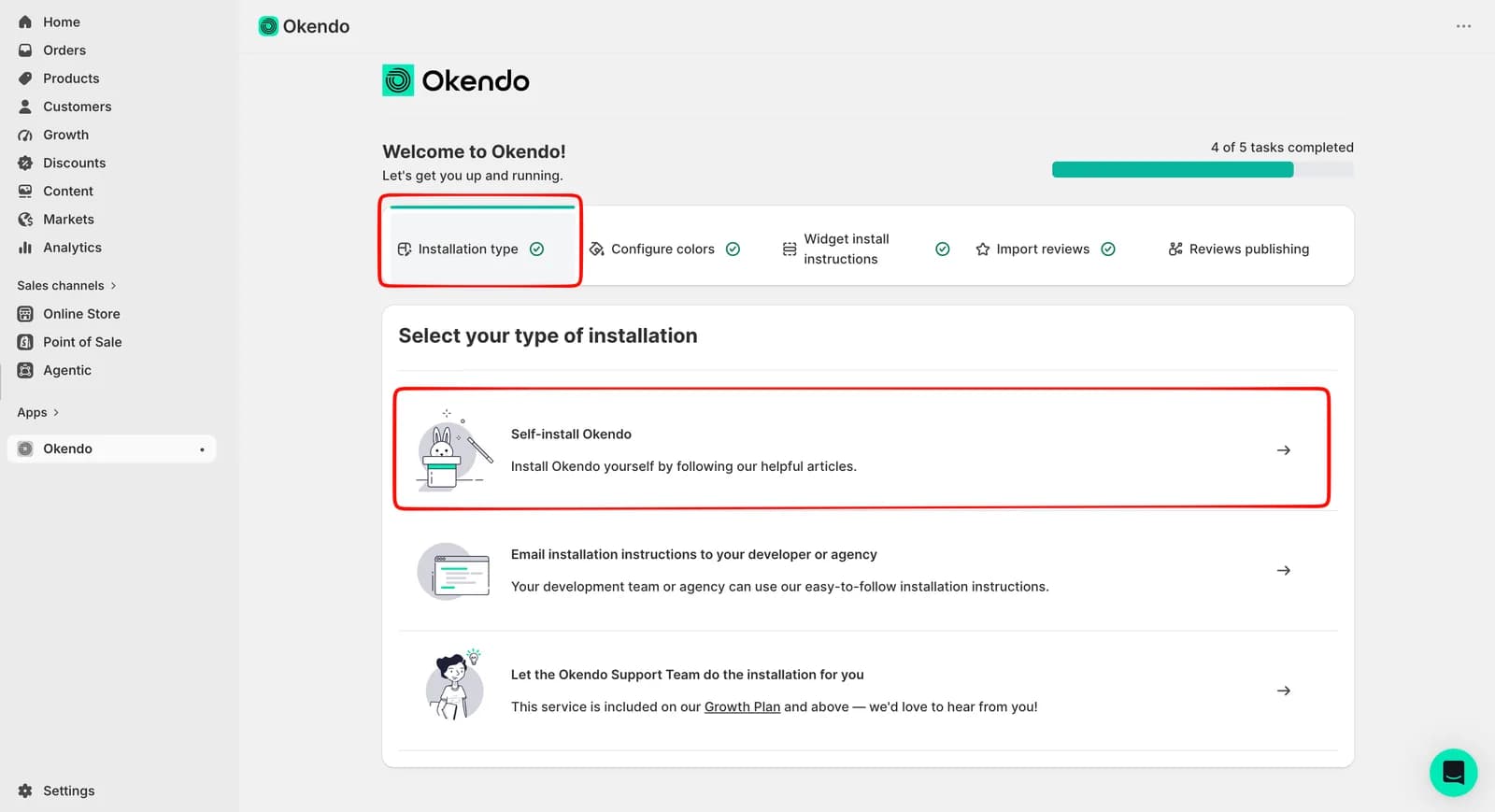 Okendo onboarding first step titled Select your type of installation with three options: Self-install Okendo, Email installation instructions to your developer or agency, and Let the Okendo Support Team do the installation for you, the last marked as included on the Growth Plan and above