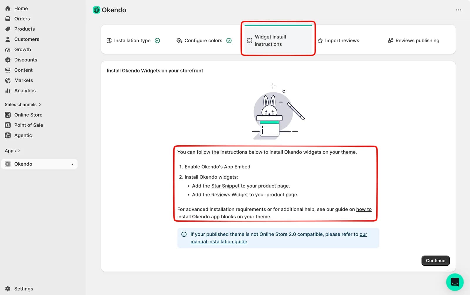 Okendo onboarding step Install Okendo Widgets on your storefront listing two instructions: enable Okendo's App Embed, then add the Star Snippet and the Reviews Widget to the product page, with links to the app-block guide and a note that non-Online Store 2.0 themes need the manual installation guide