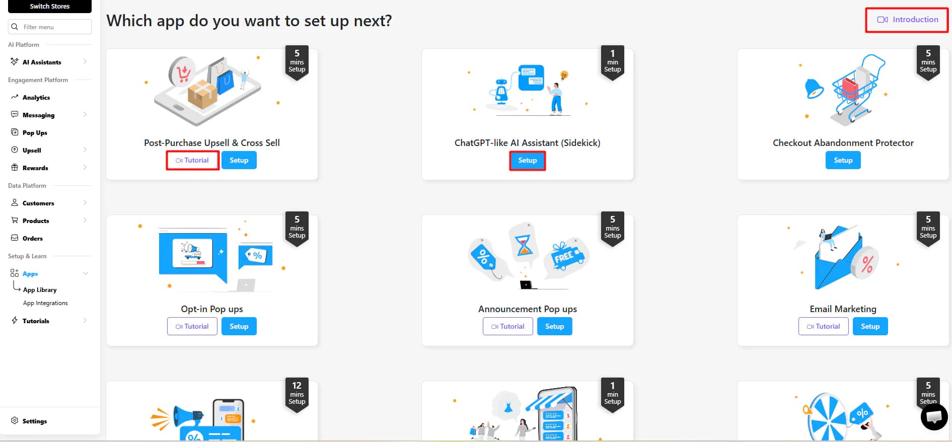 ONE app library showing setup cards for post-purchase upsell, AI assistant, checkout abandonment, pop-ups and email marketing with estimated setup times