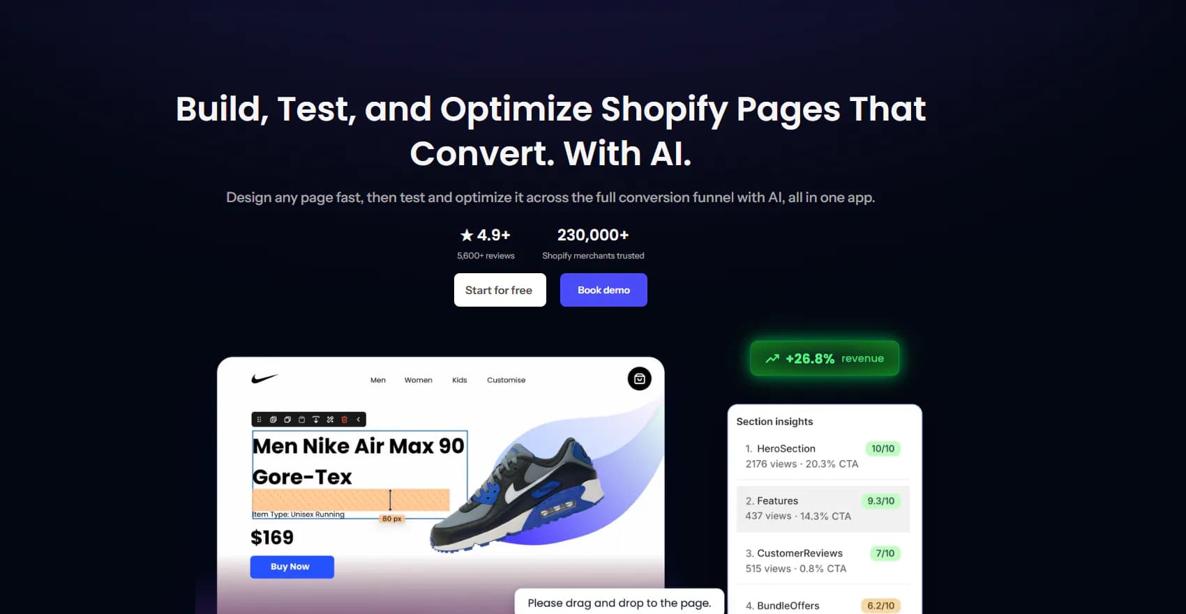 PageFly public homepage presenting page building, testing, analytics, and optimization tools