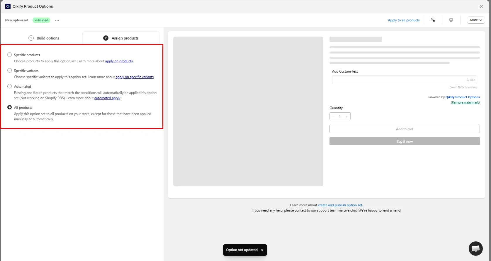 Qikify Product Options Assign products step with Specific products, Specific variants, Automated, and All products choices, and a live preview of the Add Custom Text field with a Powered by Qikify Product Options line and a Remove watermark link
