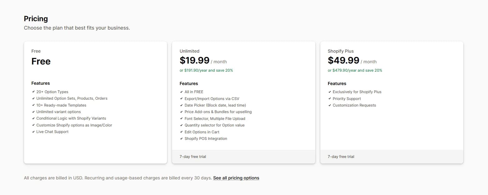 Qikify Custom Product Options pricing: Free, Unlimited at $19.99 per month or $191.90 per year, and Shopify Plus at $49.99 per month or $479.90 per year, with a 7-day free trial on paid plans
