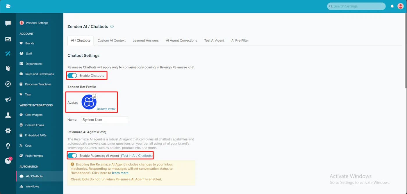 Re:amaze AI and chatbots settings with chatbots enabled, a bot profile, and the Re:amaze AI Agent beta switched on, with a warning that classic bots do not run when the AI Agent is enabled