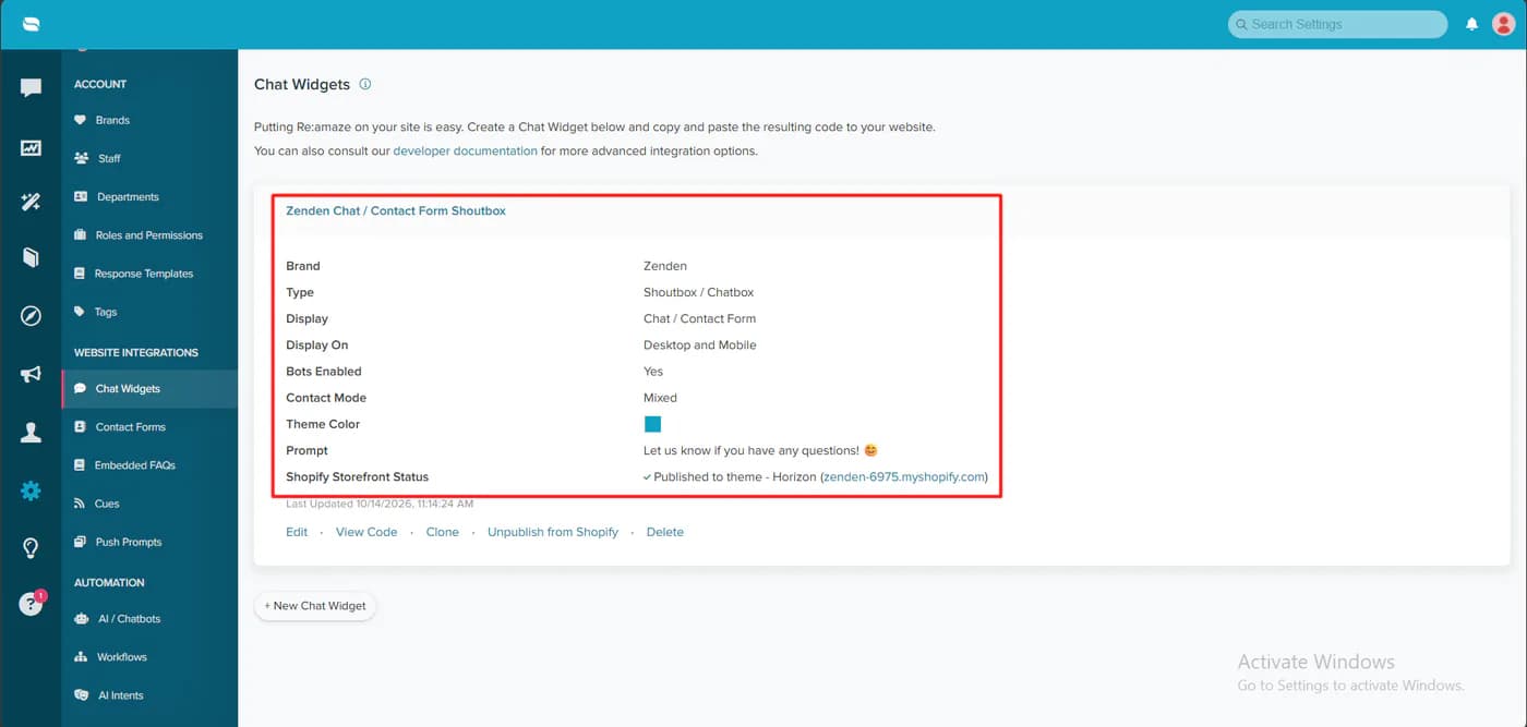 Re:amaze chat widgets page showing the Zenden chat and contact form shoutbox with bots enabled, mixed contact mode, a prompt, and a Shopify storefront status of published to the Horizon theme