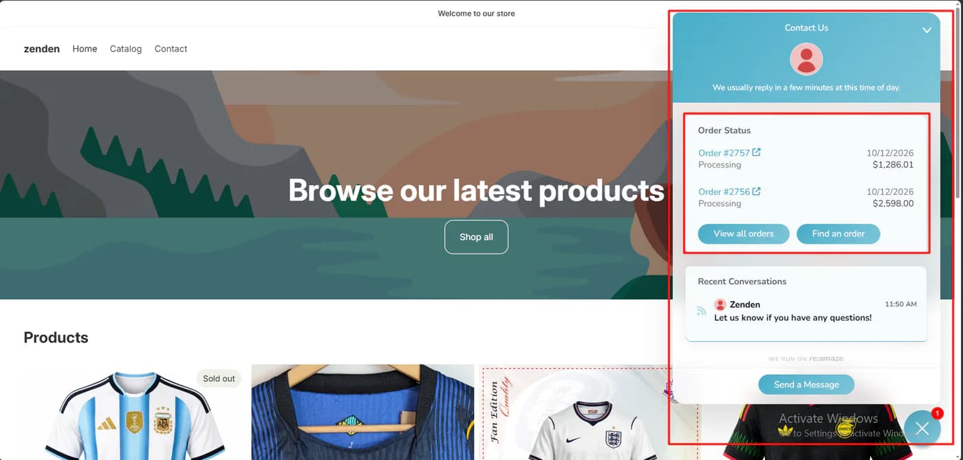 Zenden storefront with the Re:amaze widget open, showing an order status card listing orders 2757 and 2756 as processing with their dates and totals, and buttons to view all orders or find an order