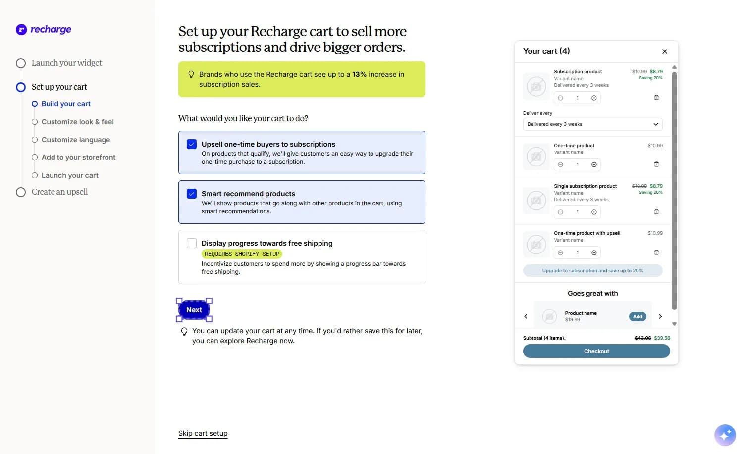 Recharge cart builder with subscription upsell and smart product recommendations enabled, and a sample cart preview on the right