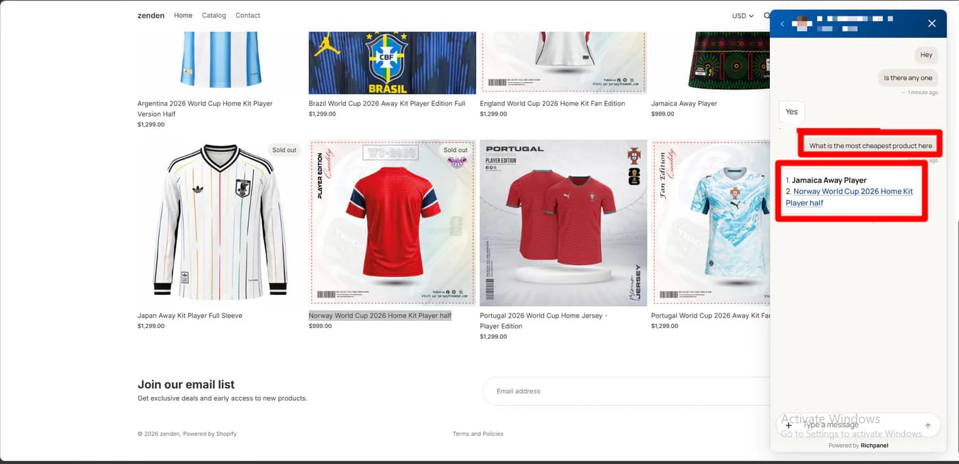 zenden storefront with the Richpanel chat open, where the shopper asks for the cheapest product and a team member replies with the Jamaica away jersey and the Norway home jersey, both shown at 999 dollars in the grid