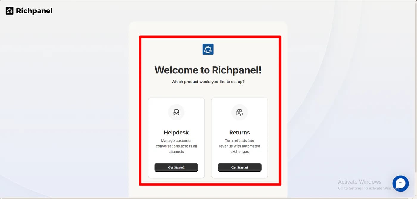 Richpanel welcome screen asking which product to set up, with a helpdesk option to manage customer conversations across all channels and a returns option for automated exchanges