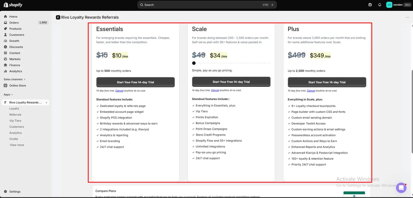 Rivo in-app plan page showing Essentials, Scale, and Plus plans with listing prices struck through and lower monthly prices displayed, each with a 14-day free trial