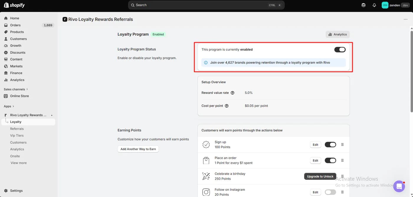 Rivo Loyalty Program dashboard showing the program enabled, a 5.0 percent reward value rate, 0.05 dollars cost per point, and earning rules for sign up, orders, birthday, and Instagram