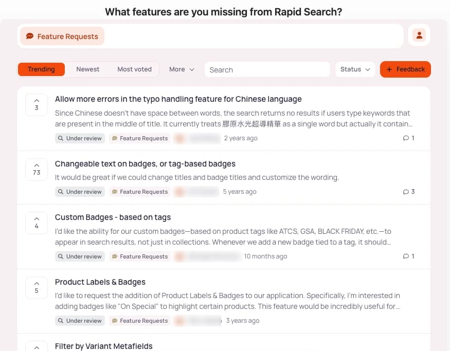 The Rapid Search public feature-request board with requests for Chinese typo tolerance, changeable badge text or tag-based badges with 73 votes, custom tag-based badges, product labels and badges, and filtering by variant metafields, each marked Under review