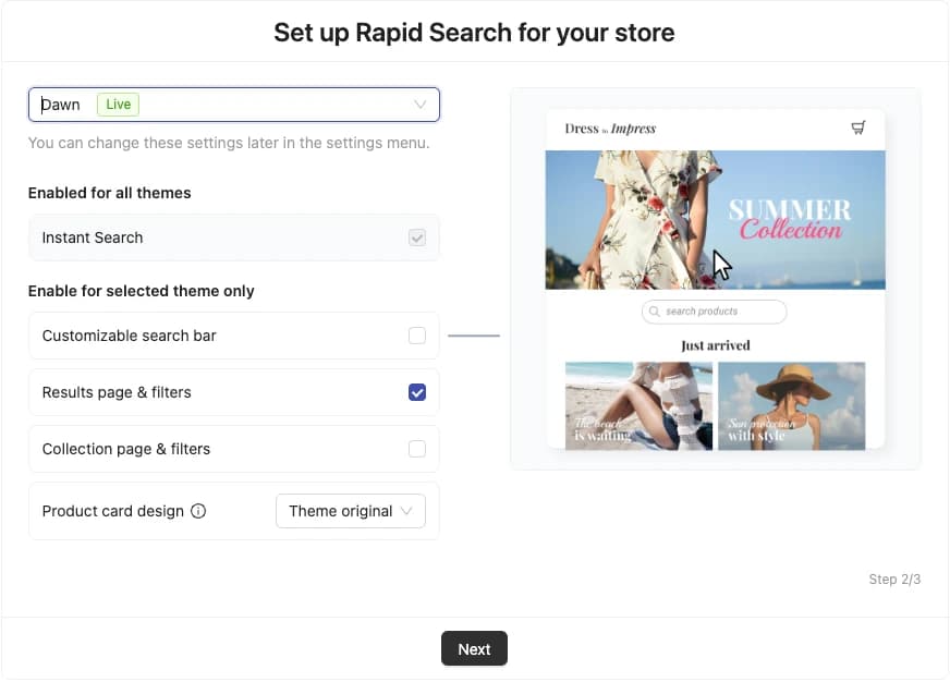 RS: AI Search Bar & Filter onboarding step 2 of 3 with the Dawn theme selected, Instant Search enabled for all themes, Results page & filters ticked, Customizable search bar and Collection page & filters unticked, and Product card design set to Theme original