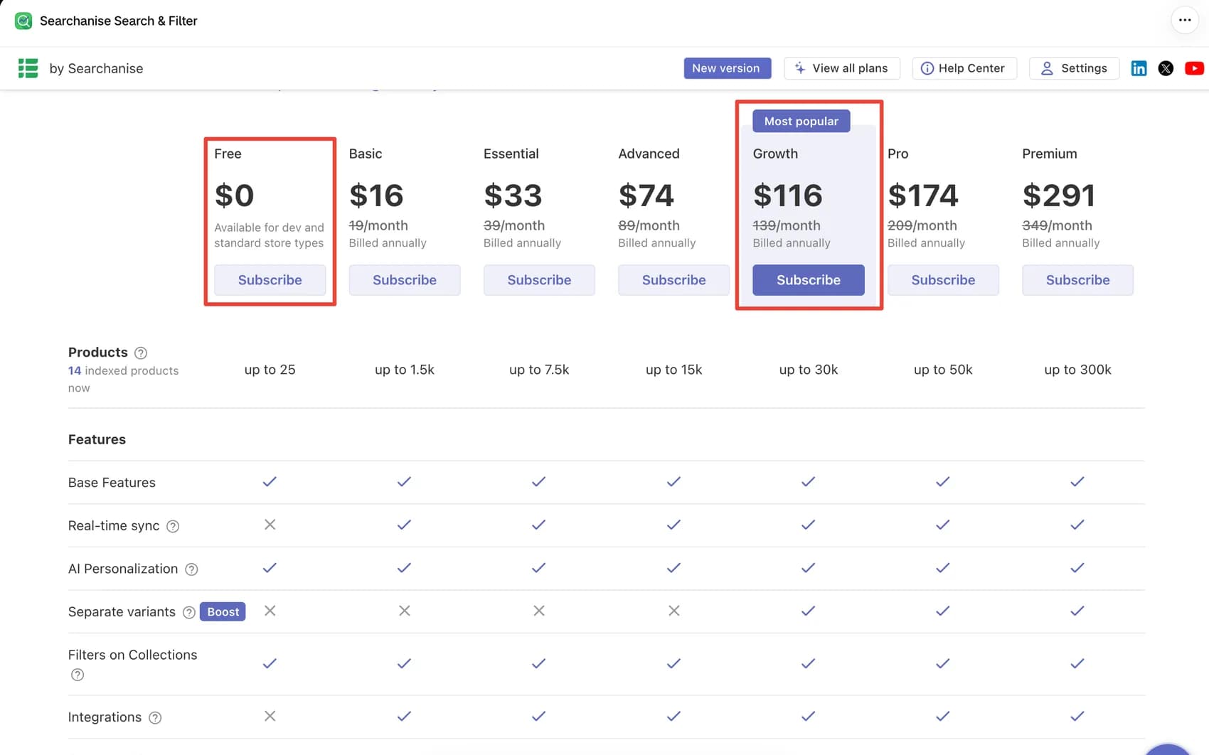 Searchanise in-app plan comparison showing Free through Premium plans, product limits, and features such as real-time sync and separate variants