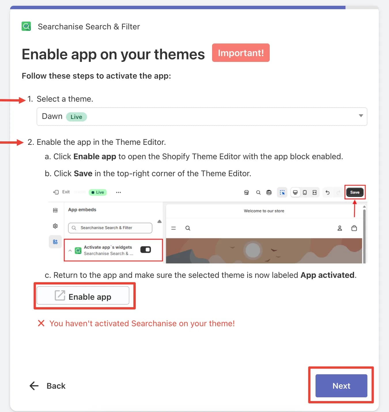 Searchanise onboarding step asking the merchant to enable the app embed on the live Dawn theme, with a warning that the app is not yet activated