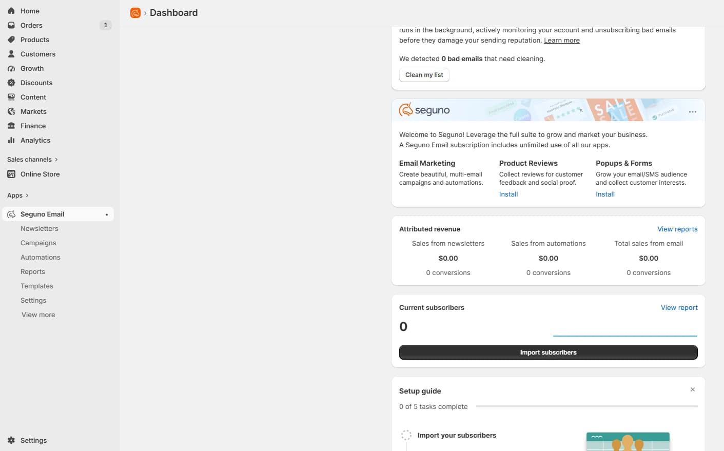 Seguno Email Marketing dashboard