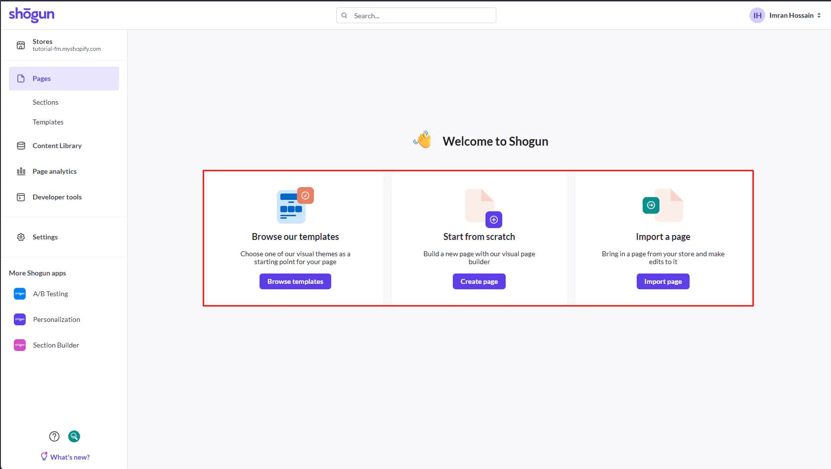 Shogun dashboard offering template, blank-page, and page-import starting options