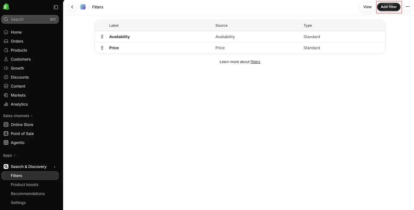 Shopify admin with the Search & Discovery app menu showing only Filters, Product boosts, Recommendations and Settings, next to a Filters list containing Availability and Price