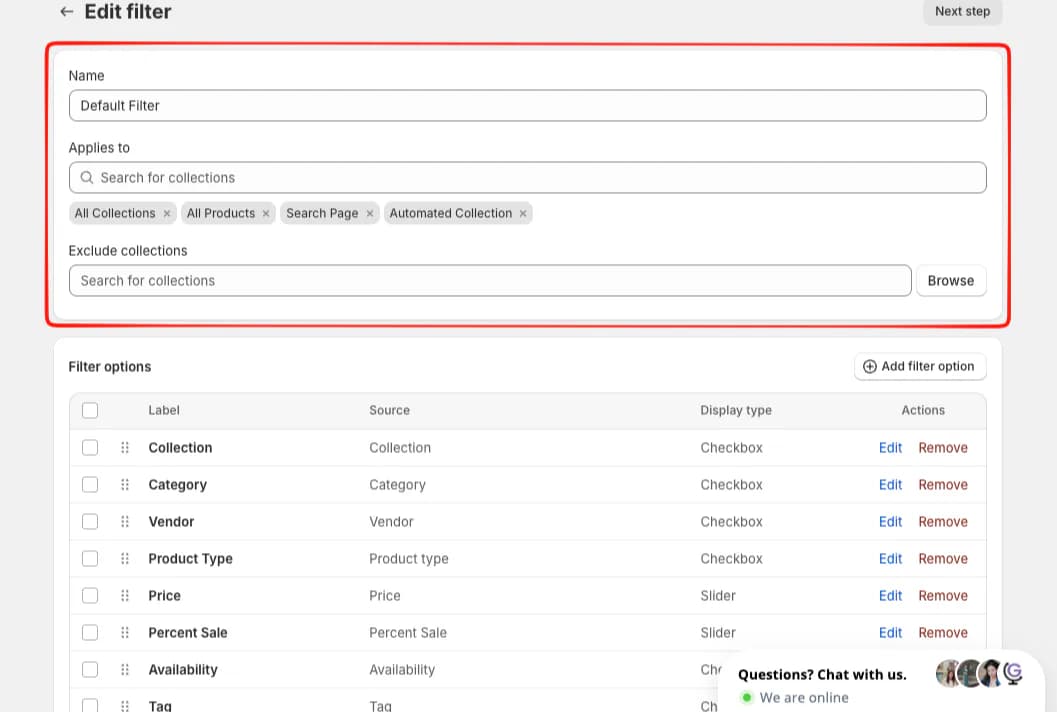 Smart Filter & Search Edit filter page with the Default Filter applied to All Collections, All Products, Search Page and Automated Collection, and a list of filter options including Collection, Category, Vendor, Product Type, Price and Percent Sale