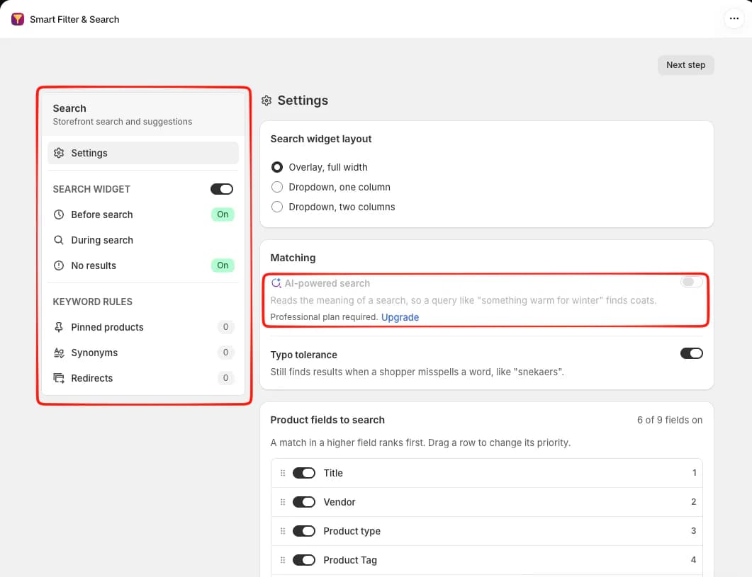 Smart Filter & Search Search settings showing the search widget layout options, a greyed-out AI-powered search toggle marked Professional plan required, typo tolerance switched on, and product fields to search ranked by priority