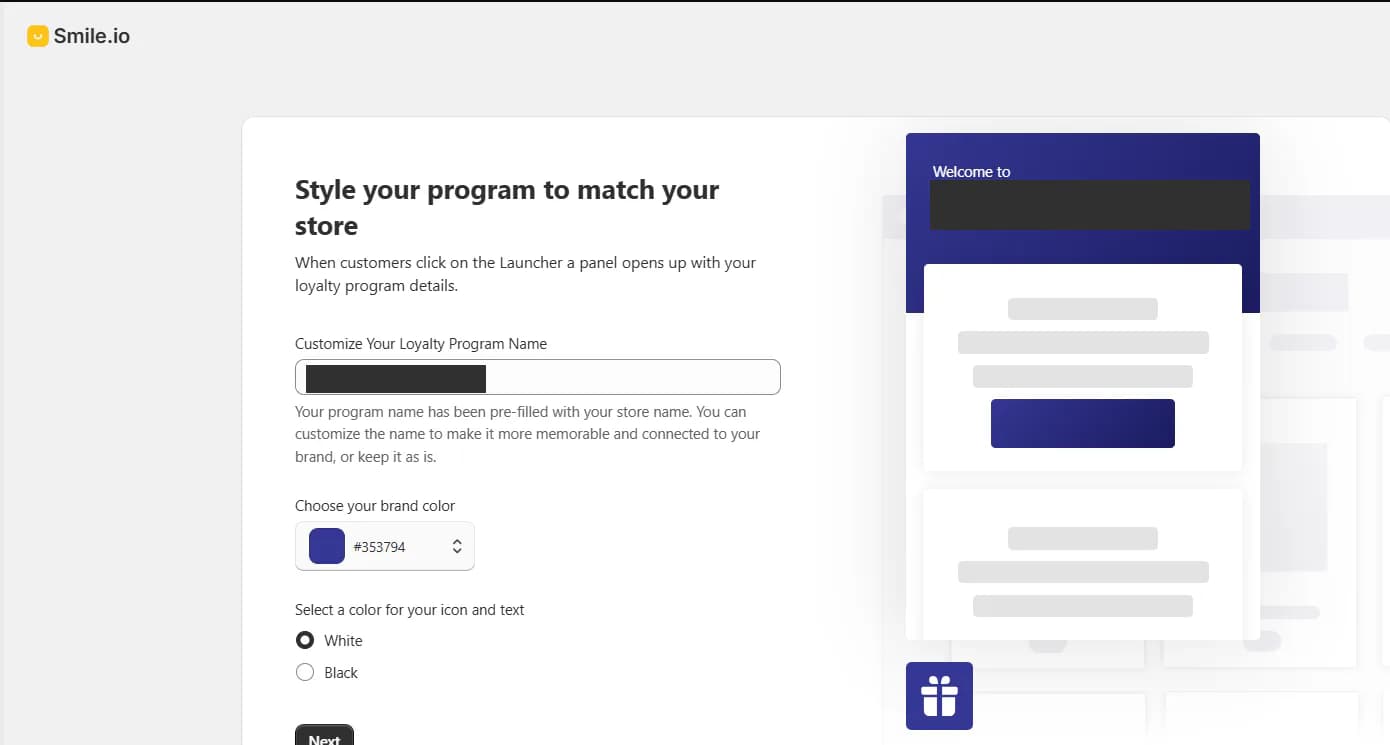 Smile.io program branding setup with name, brand color, and text color controls