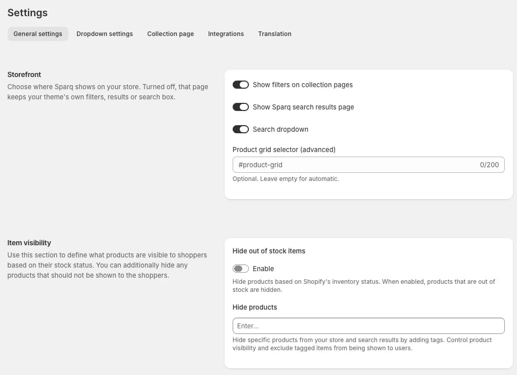 Sparq General settings with Storefront toggles for filters on collection pages, the Sparq search results page and the search dropdown, an optional product grid selector, and Item visibility options to hide out-of-stock items or hide products by tag