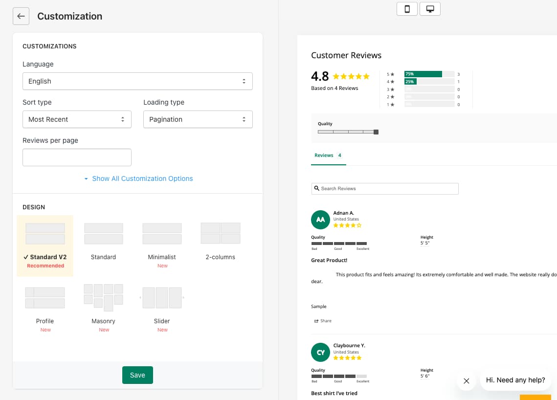 Stamped Main Widget customization screen with language, sort type, loading type, and reviews per page settings, seven design layouts with Standard V2 selected, and a live preview of a Customer Reviews widget with a rating summary and sample reviews