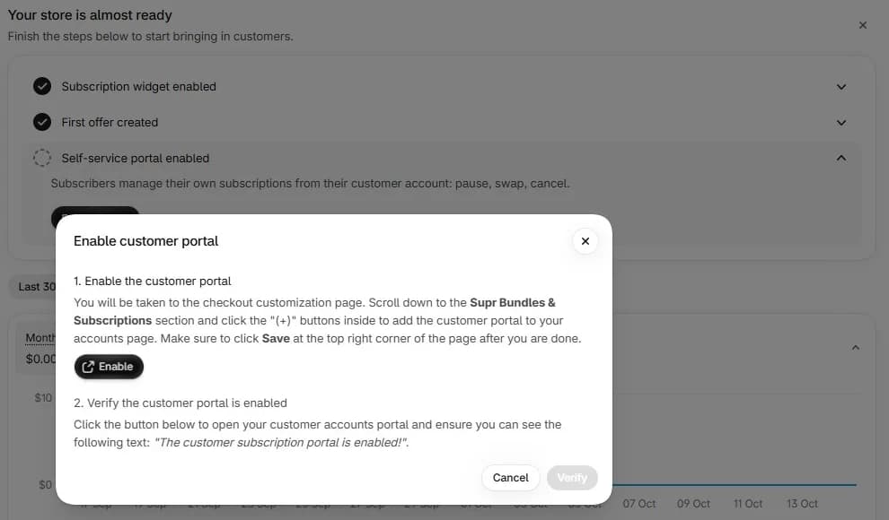 Supr Enable customer portal dialog explaining two steps: open the checkout customization page and add the Supr Bundles & Subscriptions customer portal to the accounts page and save, then verify the portal by checking for a confirmation message