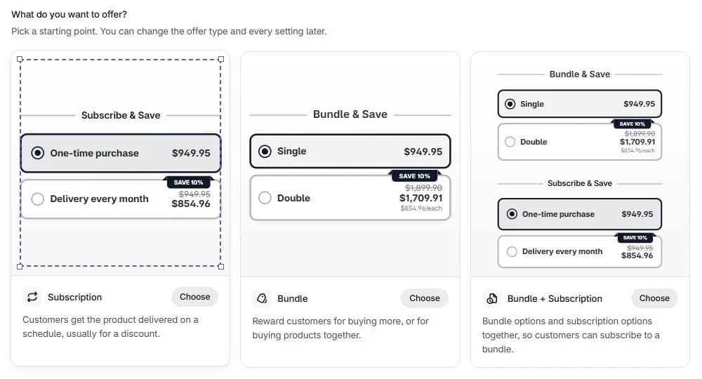 Supr Create offer screen asking what you want to offer, with three choices: Subscription with a Subscribe & Save preview, Bundle with Single and Double options, and Bundle + Subscription combining both