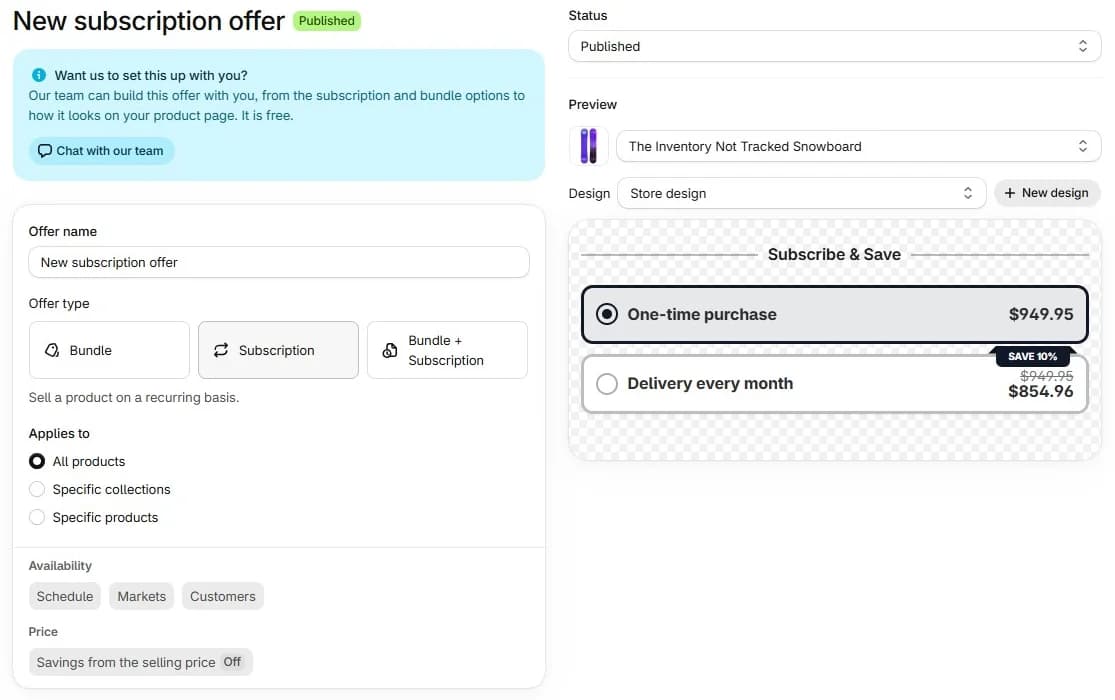 Supr Create offer editor with offer name, offer type set to Subscription, Applies to set to All products, Availability options for Schedule, Markets and Customers, a Status of Published, and a preview of the Subscribe & Save widget with One-time purchase and Delivery every month at 10% off
