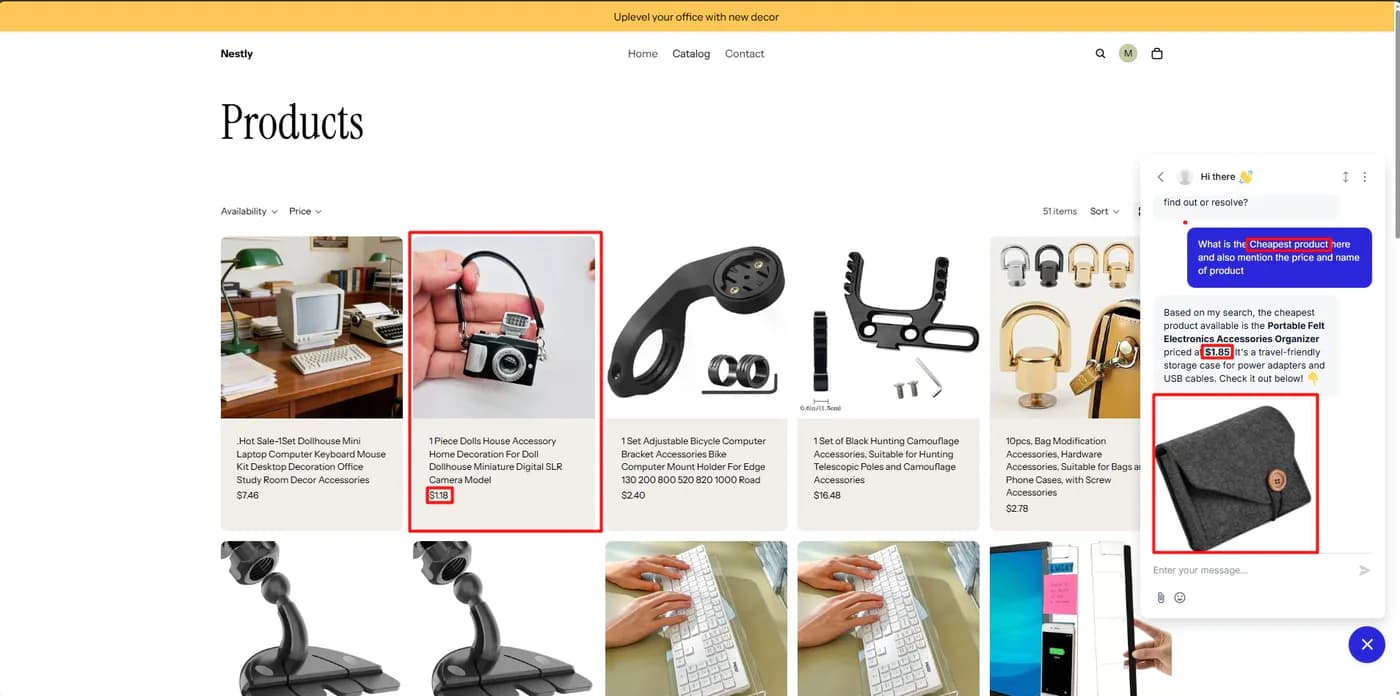 Shopify product grid with the Tidio chat open, showing Lyro naming a 1.85 dollar organizer as the cheapest product while a 1.18 dollar item is visible on the same page