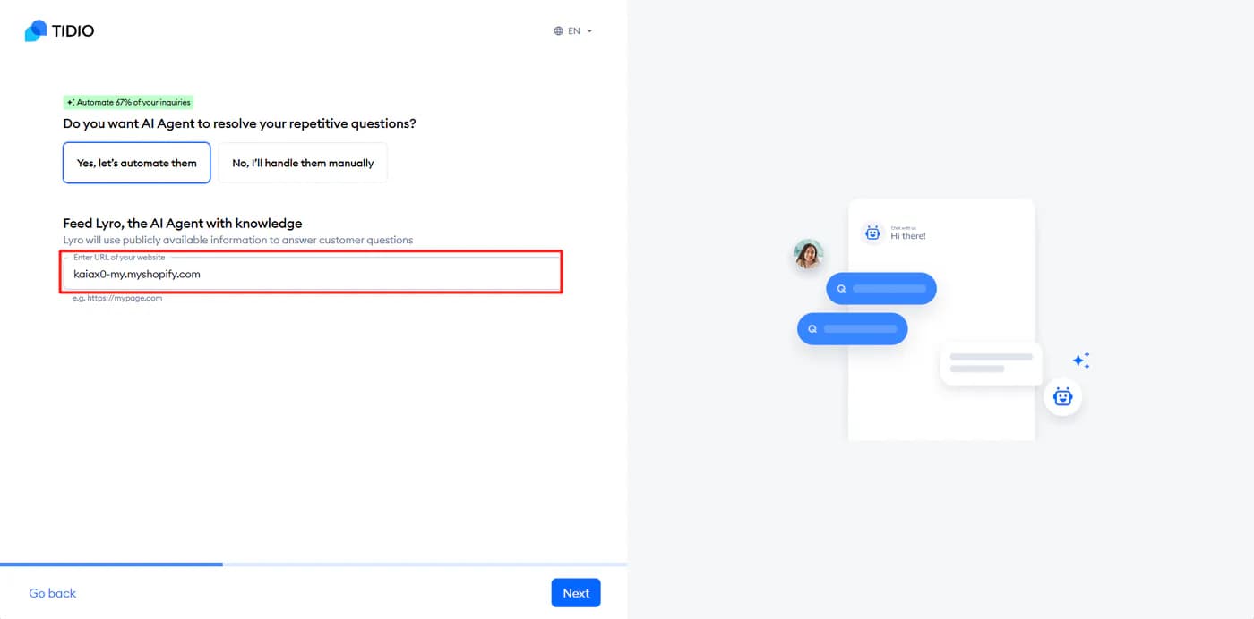 Tidio onboarding asking whether the AI agent should resolve repetitive questions, with a field to feed Lyro the store URL as its knowledge source