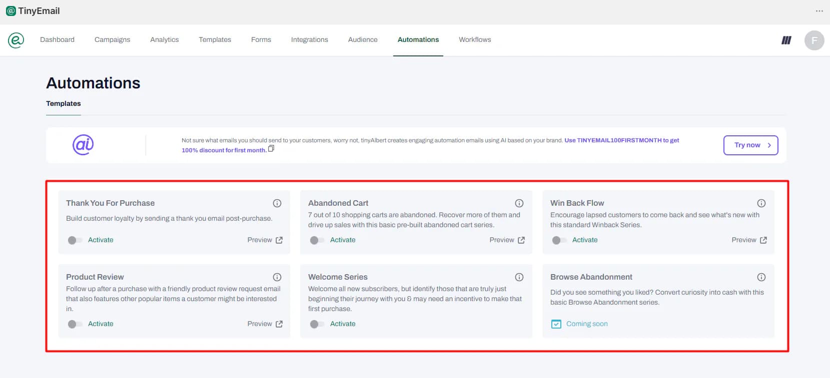 tinyEmail Automations page showing Thank You For Purchase, Abandoned Cart, Win Back Flow, Product Review and Welcome Series templates with Activate toggles, and Browse Abandonment marked Coming soon