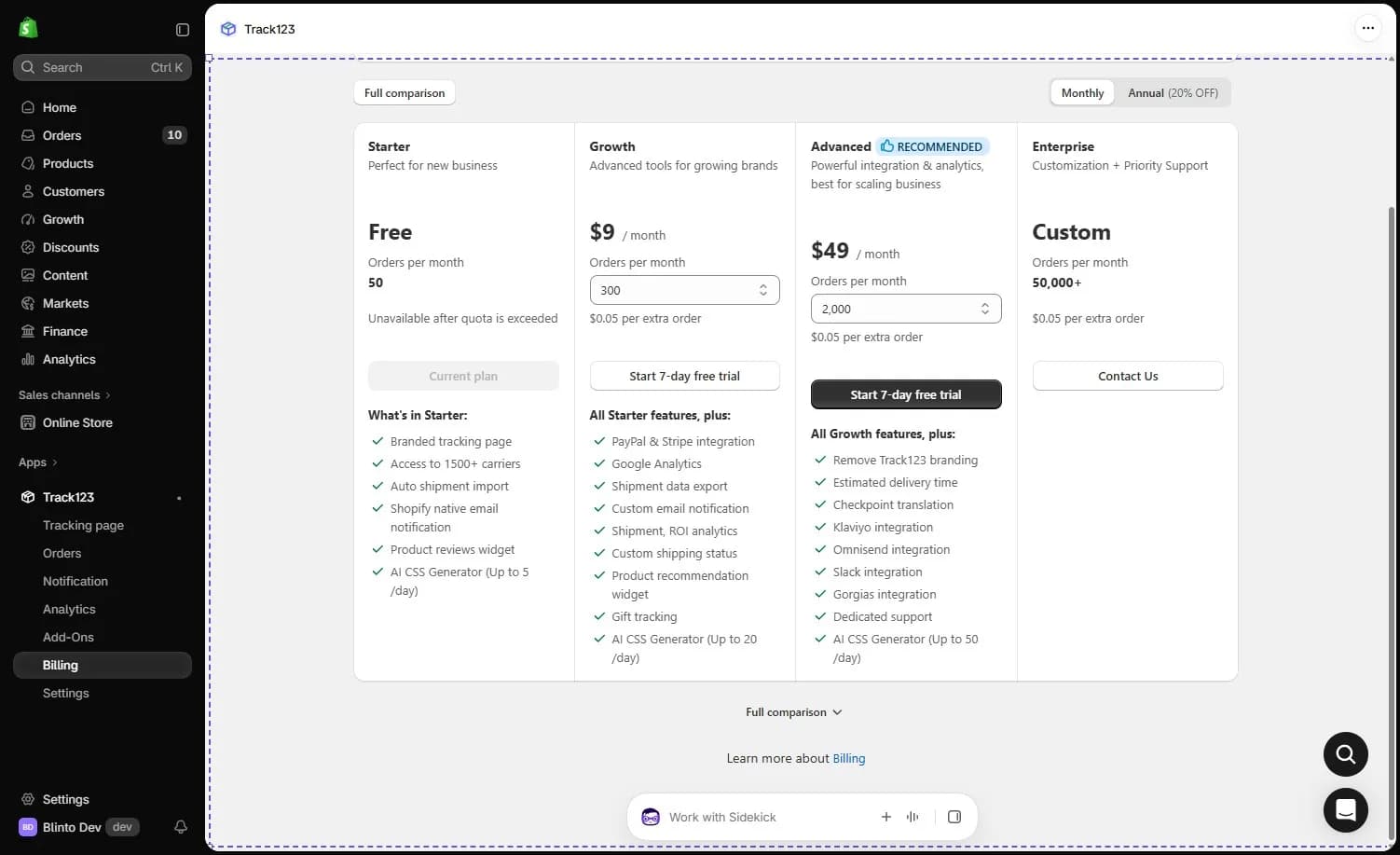 Track123 in-app plan page showing Starter free for 50 orders, Growth at $9 a month for 300 orders, Advanced at $49 a month for 2,000 orders and a custom Enterprise plan