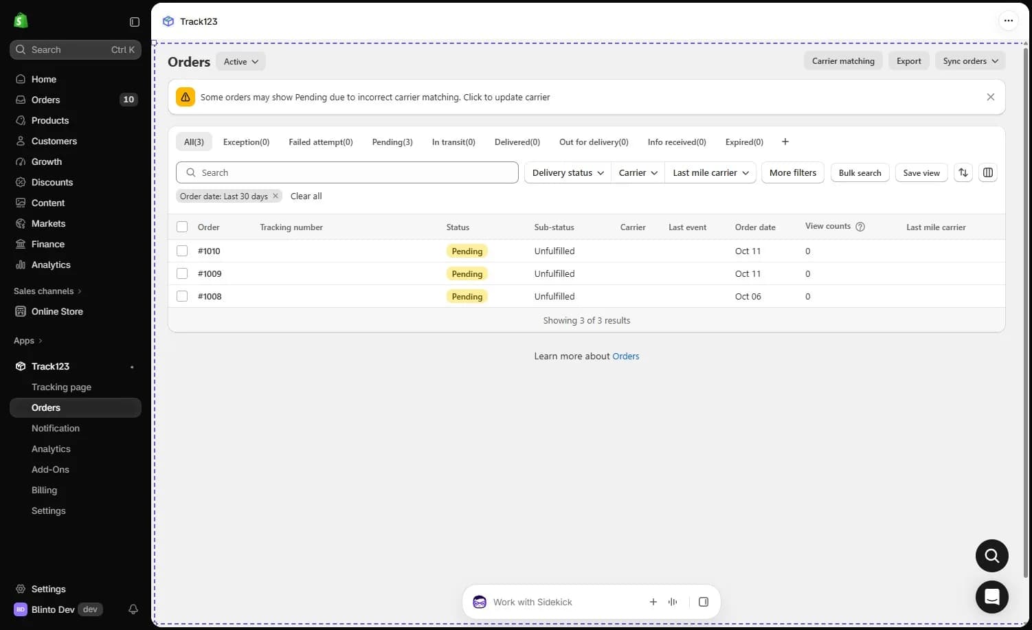Track123 Orders page with a warning that some orders may show Pending due to incorrect carrier matching, status tabs, filters and three unfulfilled orders marked Pending