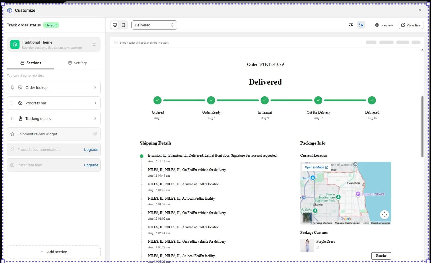 Track123 tracking page editor with draggable sections for order lookup, progress bar and tracking details, locked product recommendation and Instagram feed sections, and a Delivered status preview with a map and package contents
