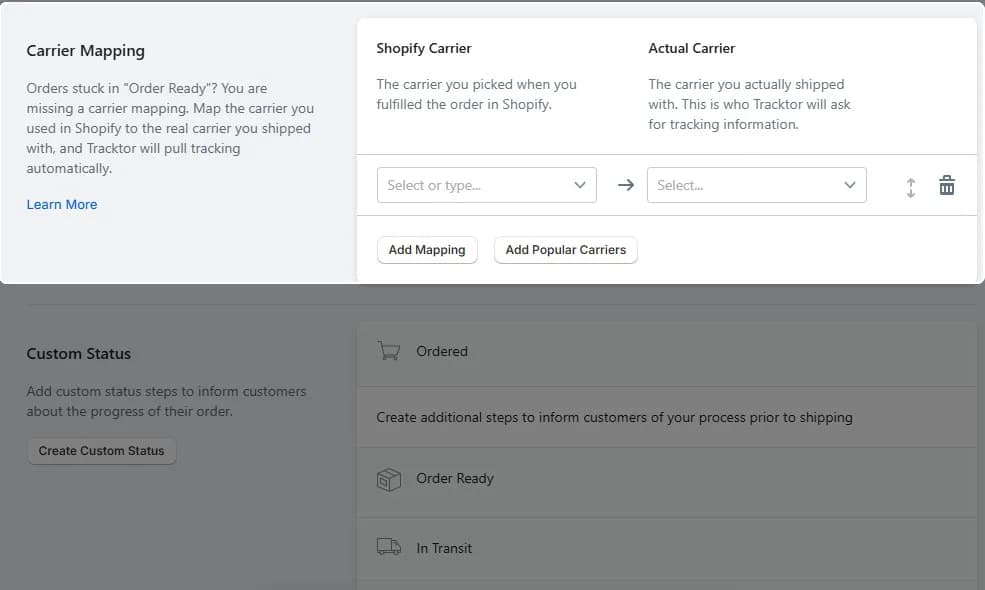 Tracktor Carrier Mapping settings explaining that orders stuck in Order Ready need a mapping from the Shopify carrier to the actual carrier, with Add Mapping and Add Popular Carriers buttons, above the Custom Status steps