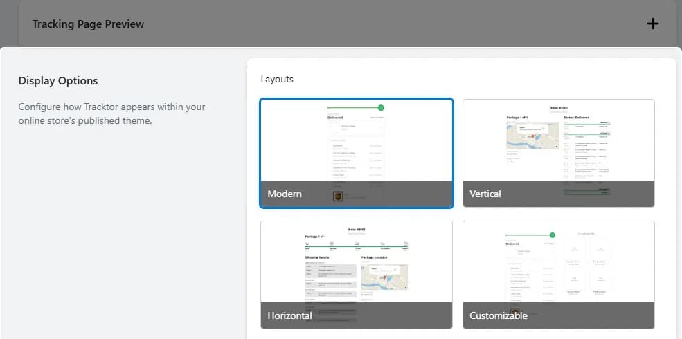 Tracktor Display Options with four tracking page layouts: Modern, Vertical, Horizontal and Customizable, with Modern selected