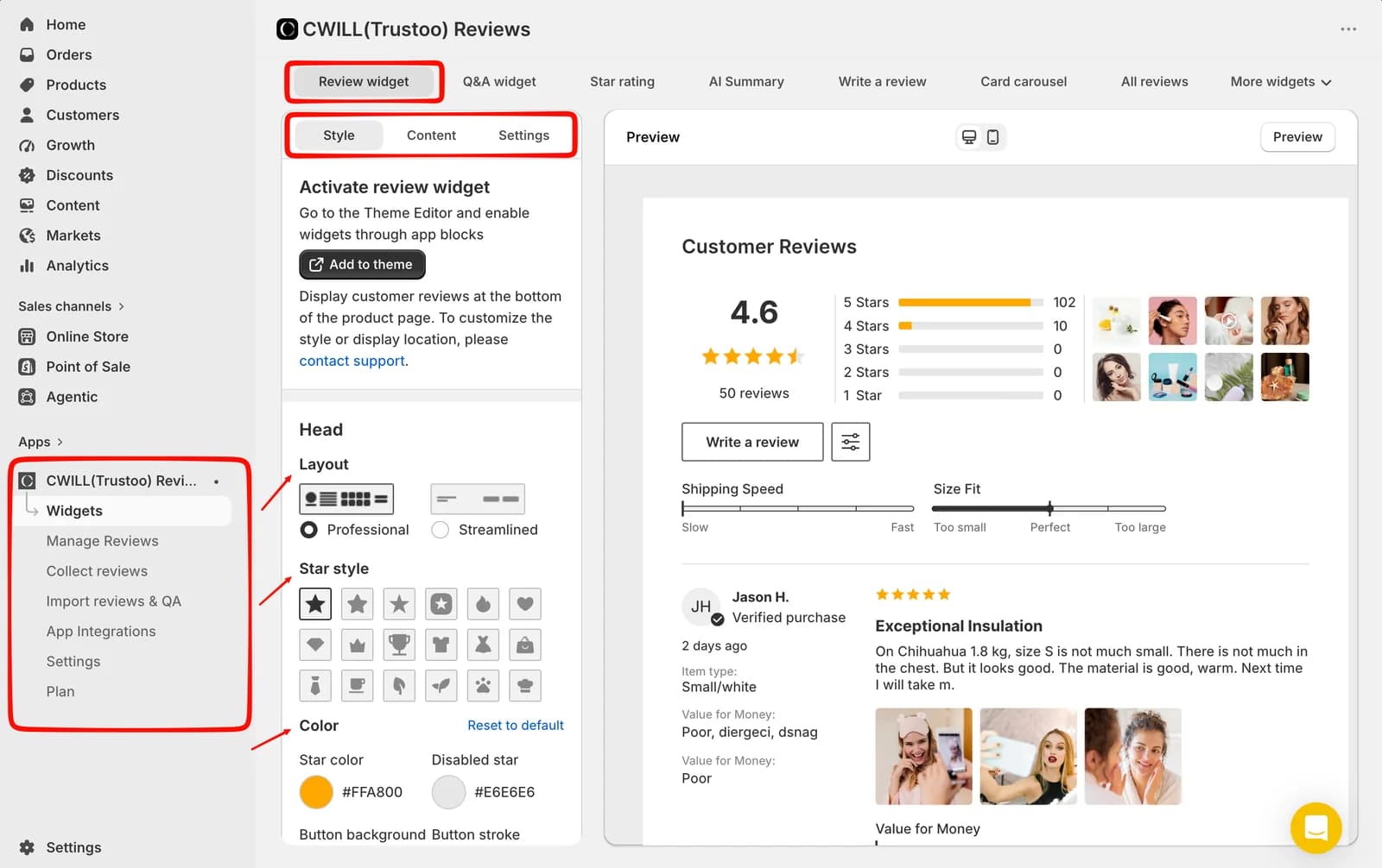 CWILL (Trustoo) Reviews widget editor with the Review widget tab open, showing Professional and Streamlined layouts, a grid of star icon styles and colour settings beside a live preview, with the app menu of Widgets, Manage Reviews, Collect reviews, Import reviews and QA, App Integrations, Settings and Plan
