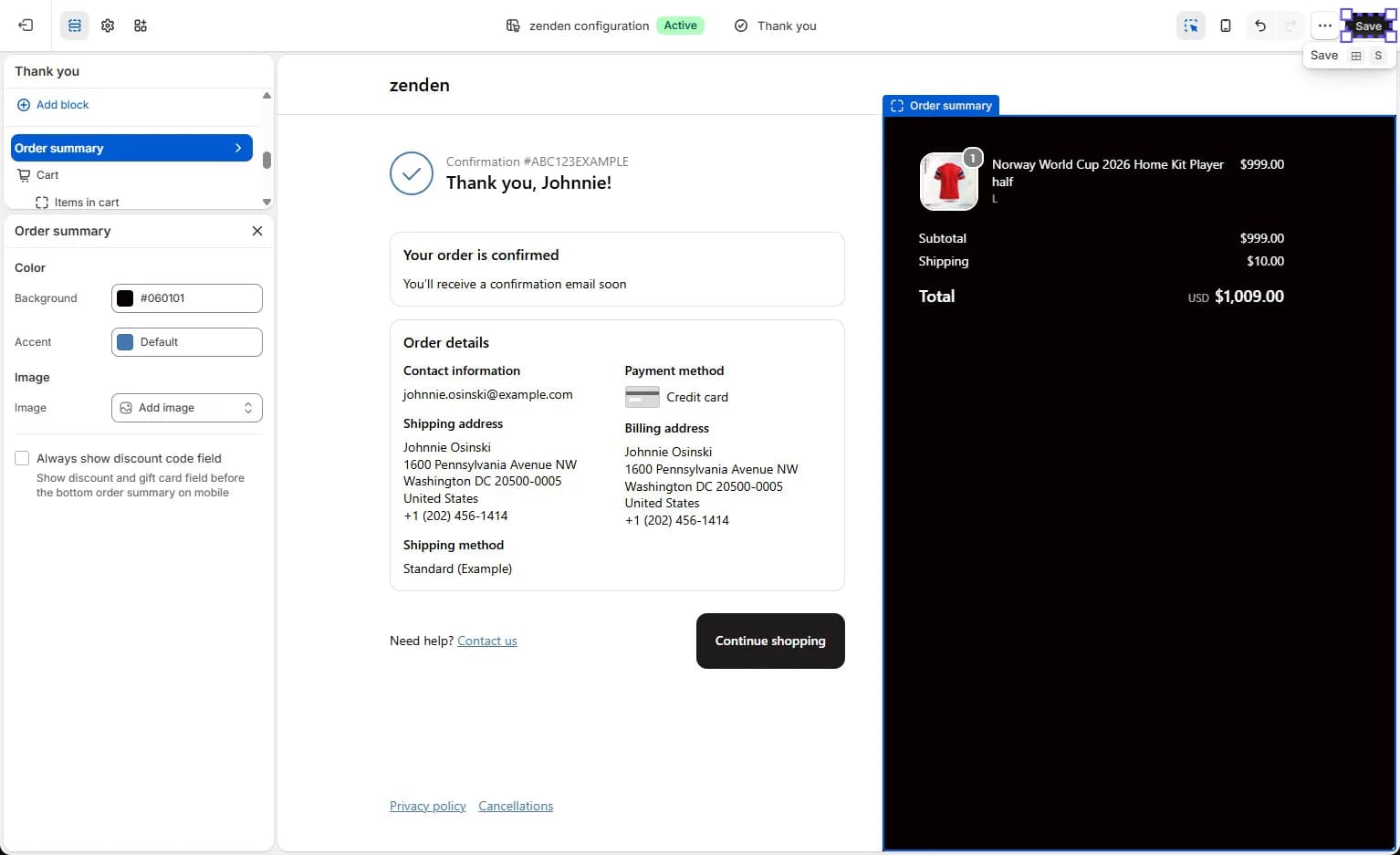 Shopify thank-you page editor with a customized Upsell.com post-purchase area