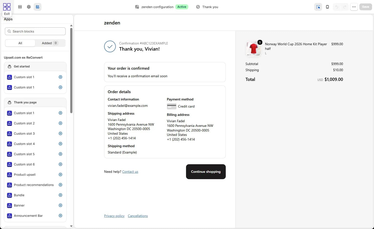 Shopify thank-you page editor showing Upsell.com blocks including custom slots, product upsells, recommendations, bundles, and banners