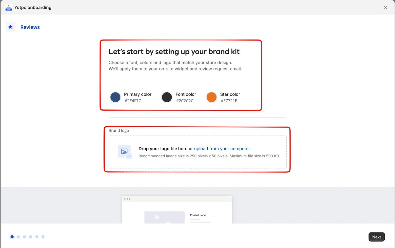 Yotpo onboarding brand kit step with primary, font, and star colour pickers, a logo upload area recommending 250 by 50 pixels, and a product-page preview below