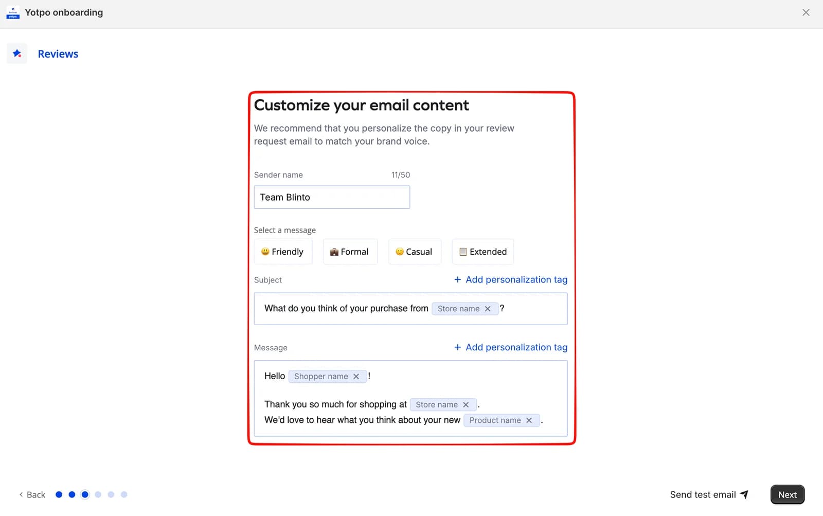 Yotpo onboarding step for customising the review-request email with a sender name field, Friendly, Formal, Casual, and Extended message presets, and subject and message editors using personalisation tags