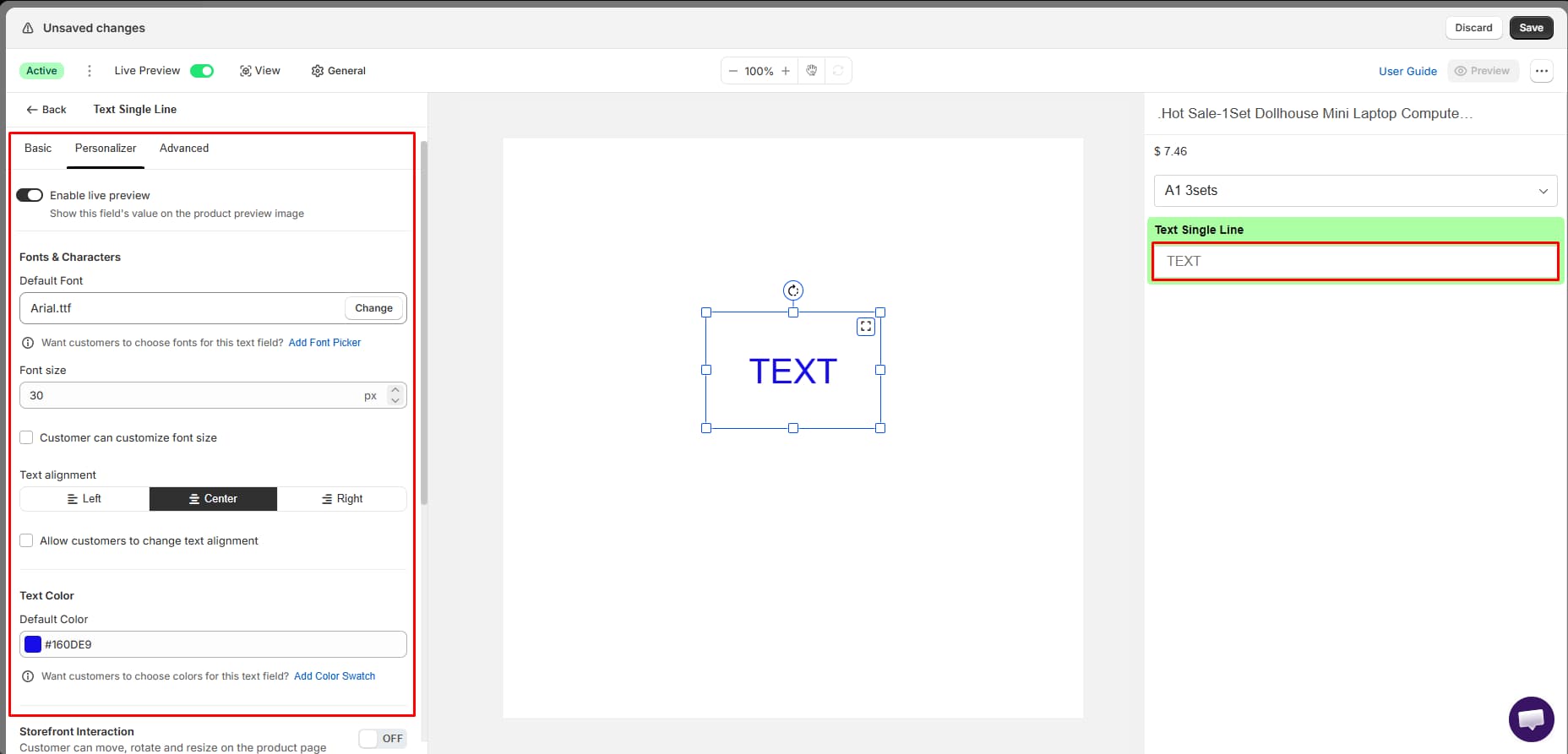Zepto Product Personalizer text field editor with the Personalizer tab open, showing default font, font size, text alignment, and text color settings next to a live preview canvas
