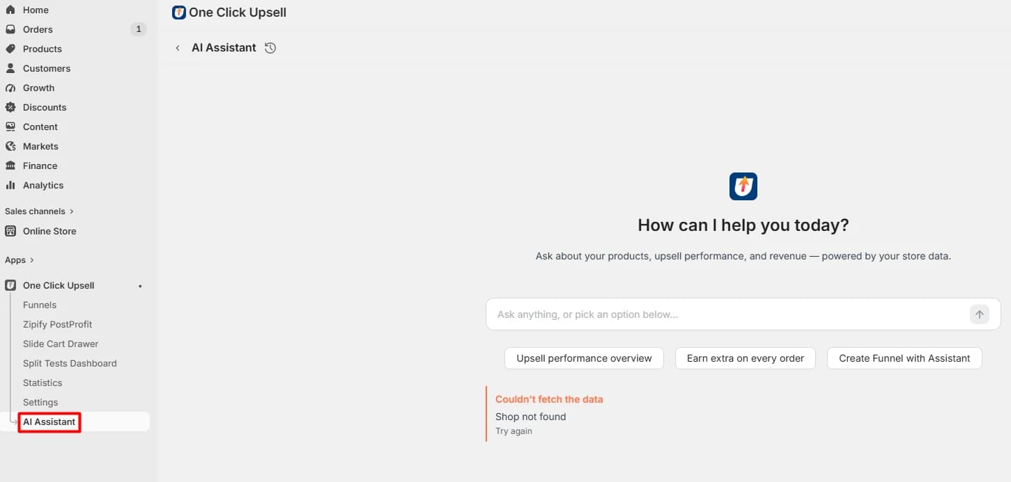 Zipify OneClickUpsell AI Assistant showing the Shop not found error seen in our test store