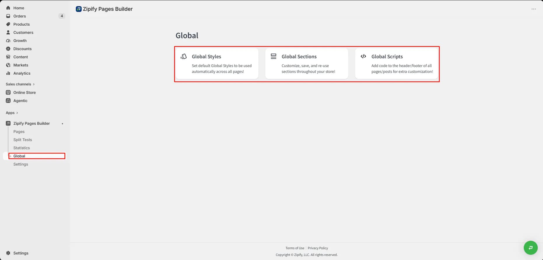 Zipify Pages Global area showing Global Styles, Global Sections and Global Scripts